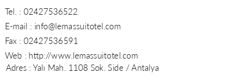 Lemas Suite Otel telefon numaralar, faks, e-mail, posta adresi ve iletiim bilgileri